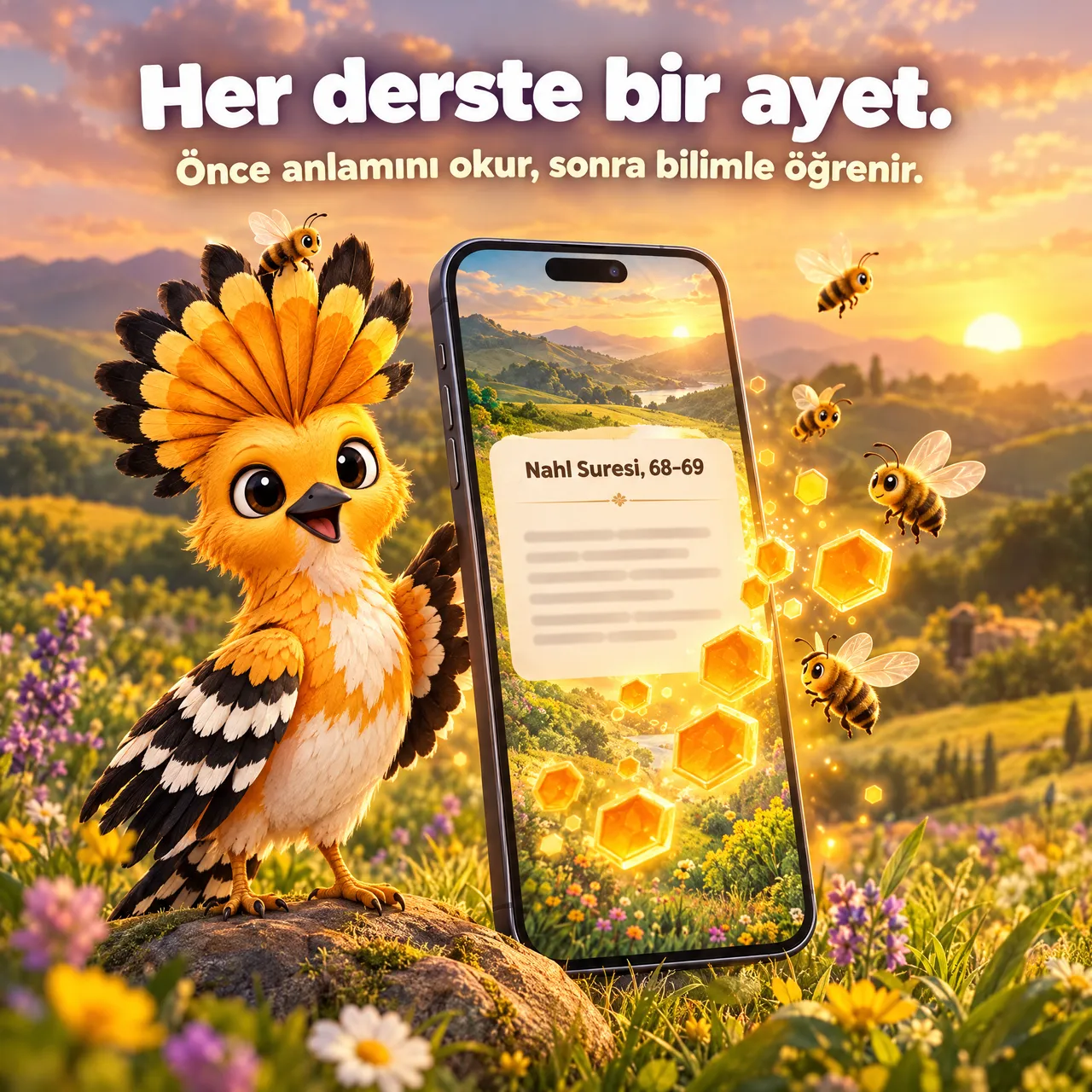 Altın saatte çayırda hüdhüd maskotu ve ekranında Nahl suresi 68–69 başlıklı ayet kartı olan bir telefon; etrafta arılar ve bal petekleri. Görselde “Her derste bir ayet.” yazıyor