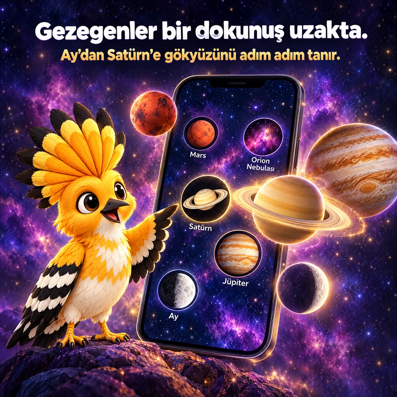 Yıldızlı gökyüzünde hüdhüd maskotu, gezegen haritasını gösteren bir telefona işaret ediyor; Satürn, Jüpiter, Mars ve Ay ekrandan dışarı çıkıyor. Görselde “Gezegenler bir dokunuş uzakta.” yazıyor