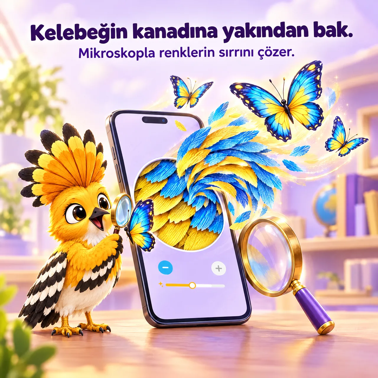 Büyüteçle kelebeğe bakan hüdhüd maskotu ve ekranında kelebek kanadı pullarını büyüten bir telefon; mavi-sarı kelebekler ekrandan uçuyor. Görselde “Kelebeğin kanadına yakından bak.” yazıyor