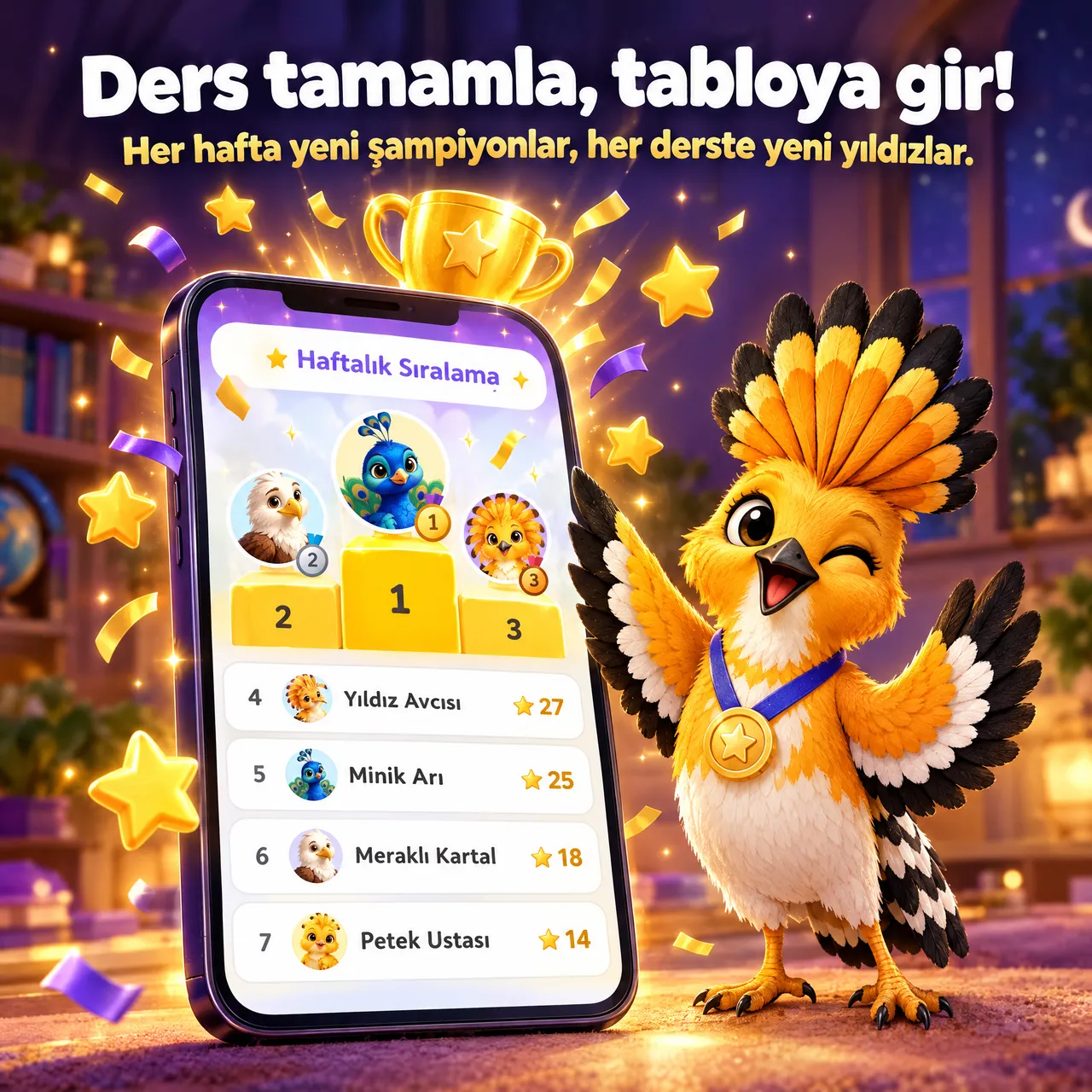 Madalya takmış hüdhüd maskotu ve ekranında haftalık sıralama podyumu olan bir telefon; kupa, yıldızlar ve konfeti. Görselde “Ders tamamla, tabloya gir!” yazıyor